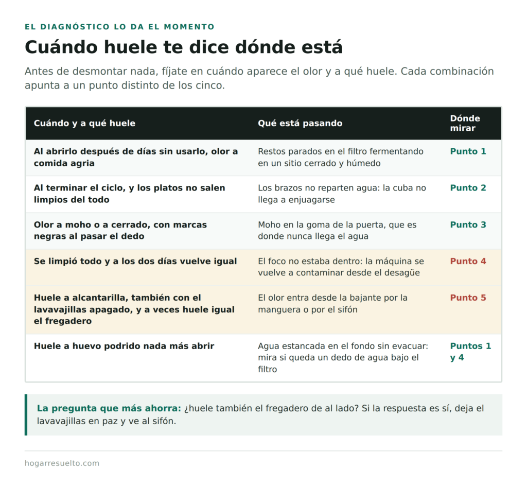 Tabla de diagnóstico: cuándo huele el lavavajillas y a qué punto corresponde cada caso