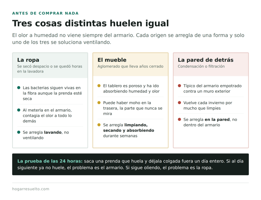 Los tres orígenes del olor a humedad en un armario: la ropa, el mueble y la pared de detrás