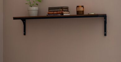 Balda de madera colgada en la pared con escuadras metálicas, libros y una planta