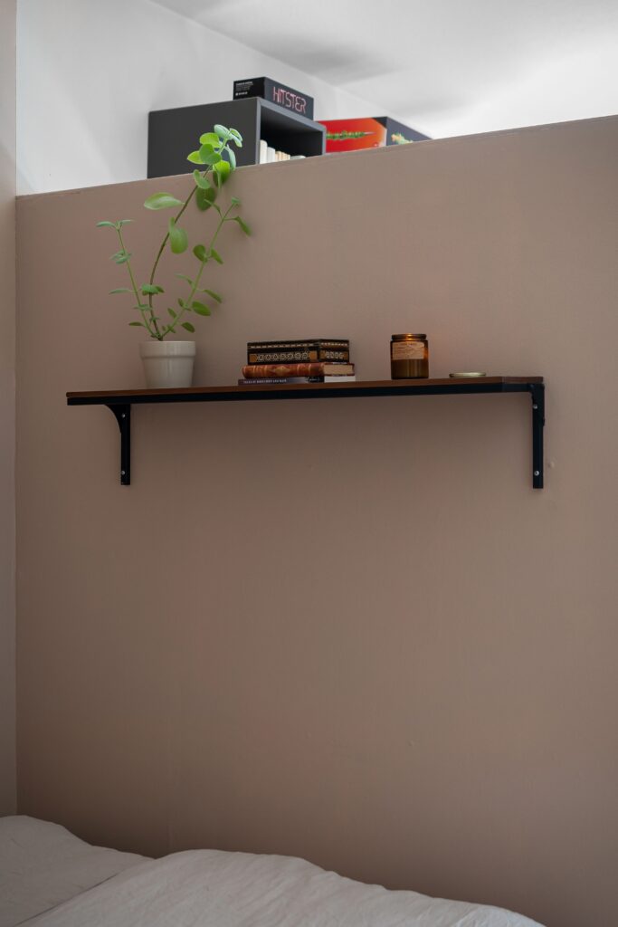 Balda de madera colgada en la pared con escuadras metálicas, libros y una planta