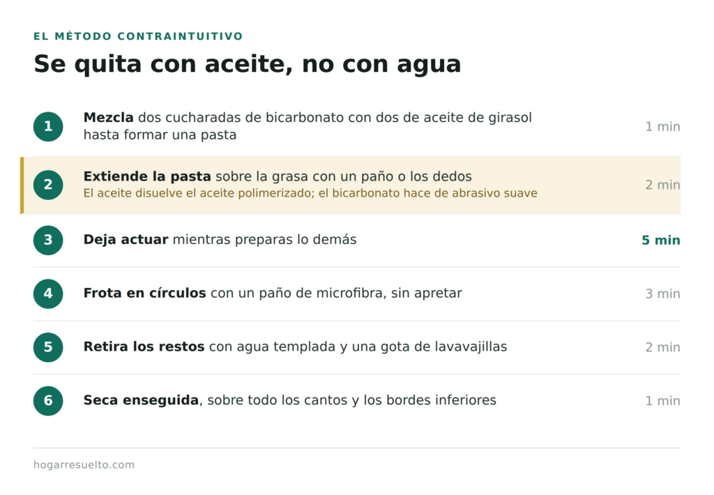 Los seis pasos para quitar la grasa de los muebles con aceite y bicarbonato