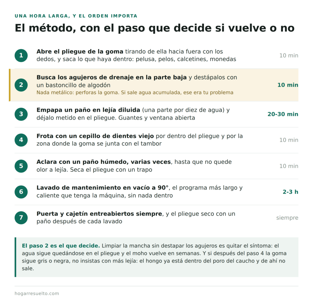 Los siete pasos para limpiar la goma de la lavadora, del vaciado del pliegue al lavado a 90 grados