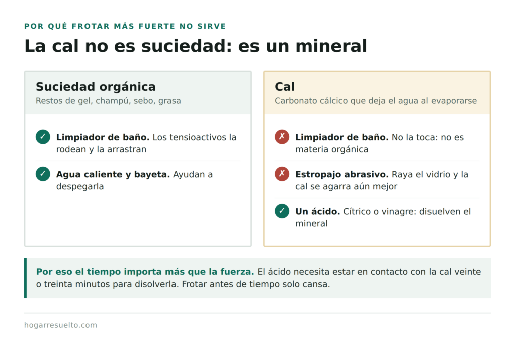 Comparación entre suciedad orgánica y cal: el limpiador solo actúa sobre la primera