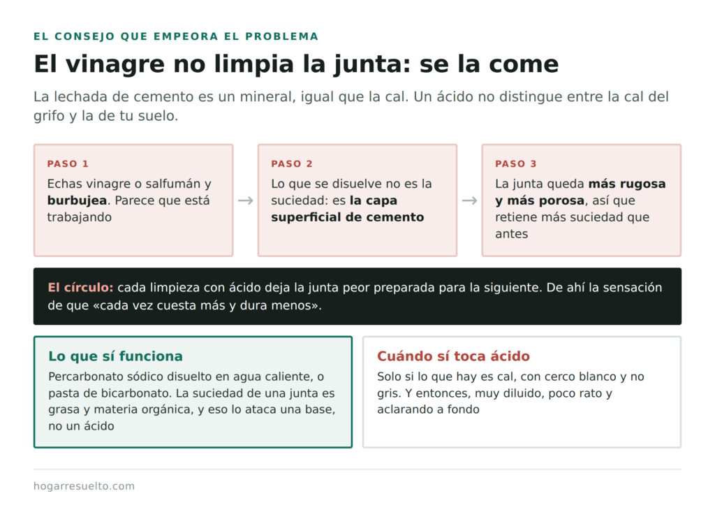 Cómo el vinagre disuelve la superficie de la lechada de cemento y la deja más porosa
