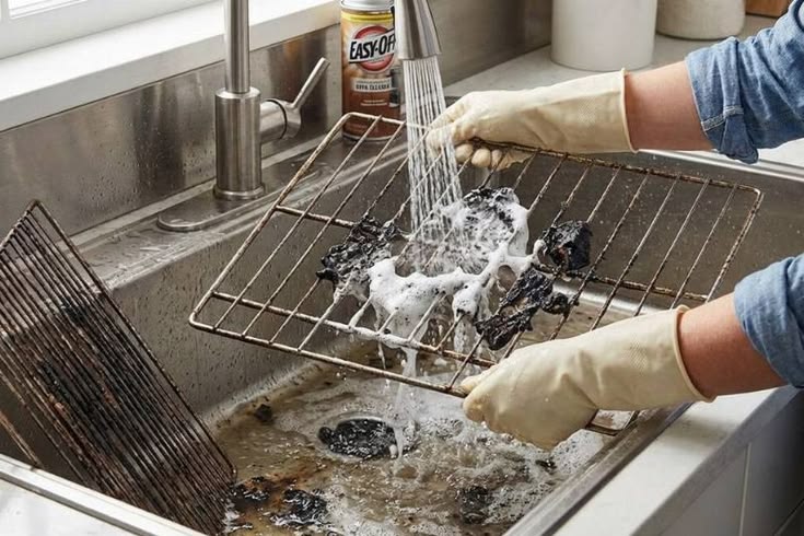 Rejillas y bandejas de horno en remojo con agua caliente y detergente