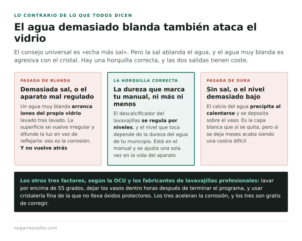 Por qué el agua demasiado blanda del lavavajillas corroe el vidrio y la dura deja cal